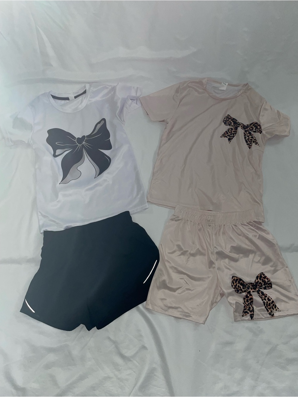 Kids Bow Graphic Short Sleeve Tee and Shorts Set - White & Light Pink